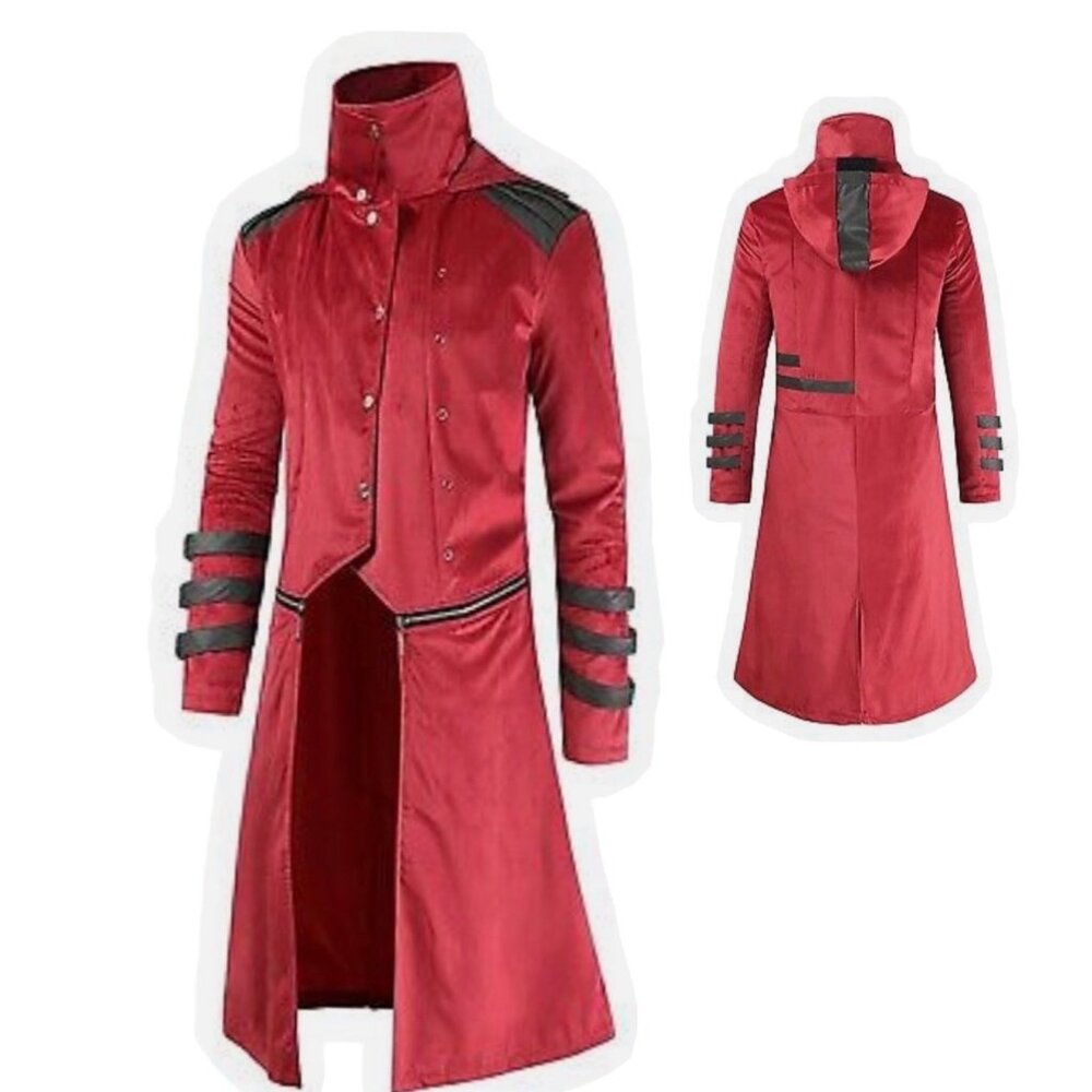 Gothic Red Hooded Trench Coat Steampunk Jacket Men Size M/L